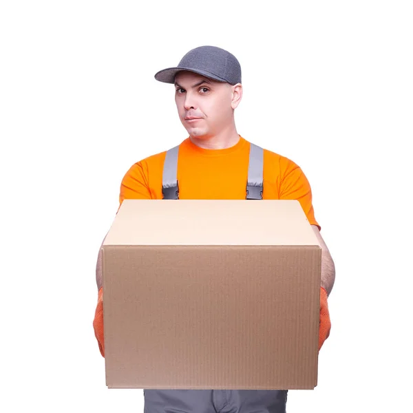 Lader Arbeitskleidung Beruf Des Dienstleisters Pappschachtel Paketzustellung Junger Sportler Frachttransport — Stockfoto