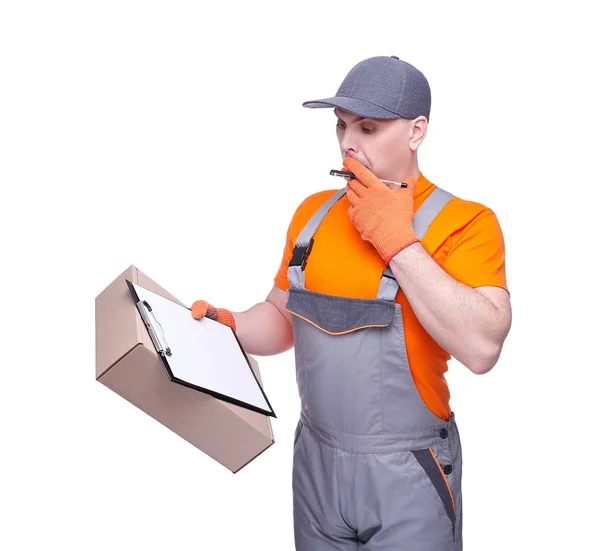 Lader Arbeitskleidung Karton Paketzustellung Beruf Des Dienstleisters Papiertablette Frachttransport Kurier — Stockfoto
