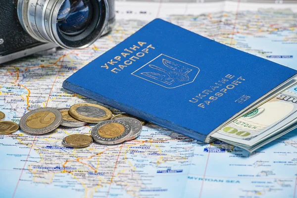 Ukrainian Passport Dollars Map Background Emigration Kit Earnings Vacations — Stock Photo, Image