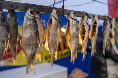 Kurutulmuş balık üstünde belgili tanımlık sayaç fuarda Satılık kablosunun üzerine asılı