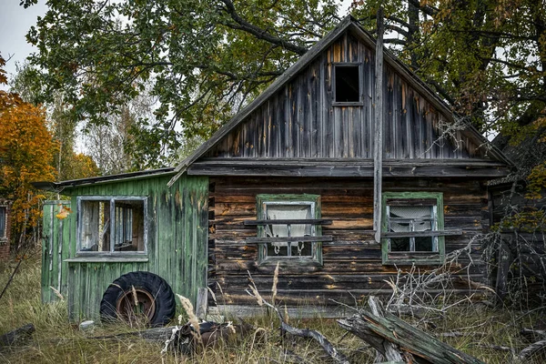 Opuštěný Dům Zarostlé Planě Rostoucích Rostlin Které Začaly Žluté Černobylu — Stock fotografie
