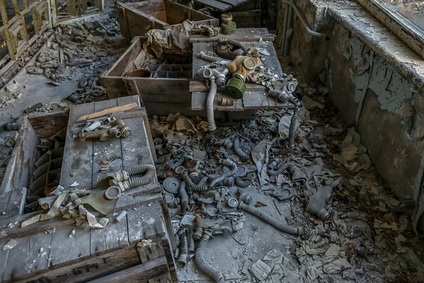 Many Children Gas Masks Spreading Classroom Abandoned School Pripyat — Stock Photo, Image