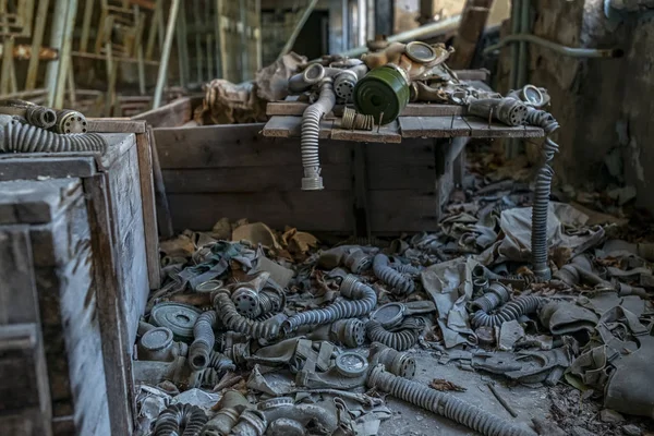 Many Children Gas Masks Spreading Classroom Abandoned School Pripyat — Stock Photo, Image