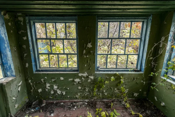 View Two Windows Autumn Courtyard Dark Hous — Stock Photo, Image