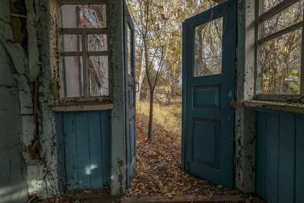 Widok Drzwi Jesień Dziedziniec Ciemnym Domu — Zdjęcie stockowe