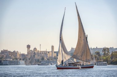 12.11.2018 güneşli bir çerçevede bir şehir nilies bir nehir boyunca yelken Aswan, Mısır ' A tekne felucca