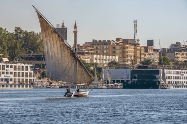 12.11.2018 güneşli bir çerçevede bir şehir nilies bir nehir boyunca yelken Aswan, Mısır ' A tekne felucca