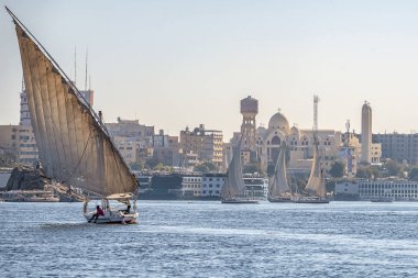 12.11.2018 güneşli bir çerçevede bir şehir nilies bir nehir boyunca yelken Aswan, Mısır ' A tekne felucca