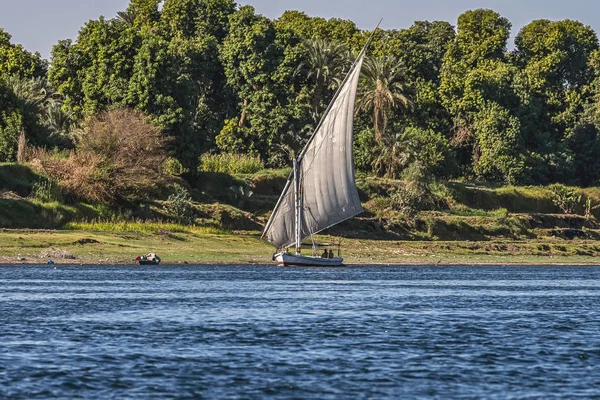 2018 川に沿ってセーリング アスワン エジプト 船ファルーカ晴れた日に海岸ビーチに対して Nil — ストック写真