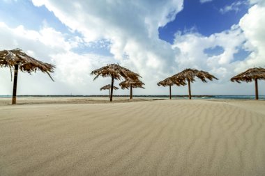 turistlerin dinlenme olmadan Akdeniz kum plajındaki hasır plaj şemsiyeleri