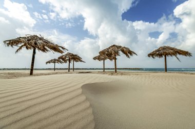 turistlerin dinlenme olmadan Akdeniz kum plajındaki hasır plaj şemsiyeleri