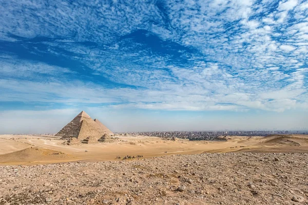 Monumento Esfinge Sobre Fondo Grandes Pirámides Día Soleado — Foto de Stock