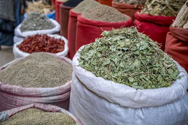 Great Variety Bright Herbs Spices Counter Arab Market Stock Image