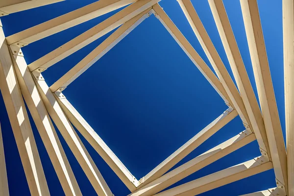 Swirled Ceiling Wooden Gazebo Background Blue Clear Sky — Stock Photo, Image