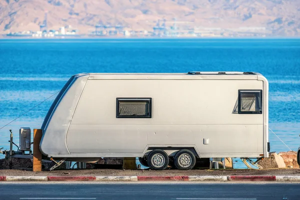 The house on wheels stands on the coast of the red sea