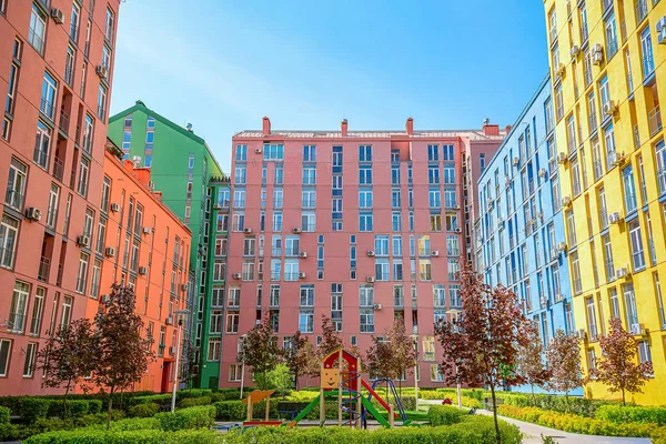 multi-colored facades of high-rise buildings