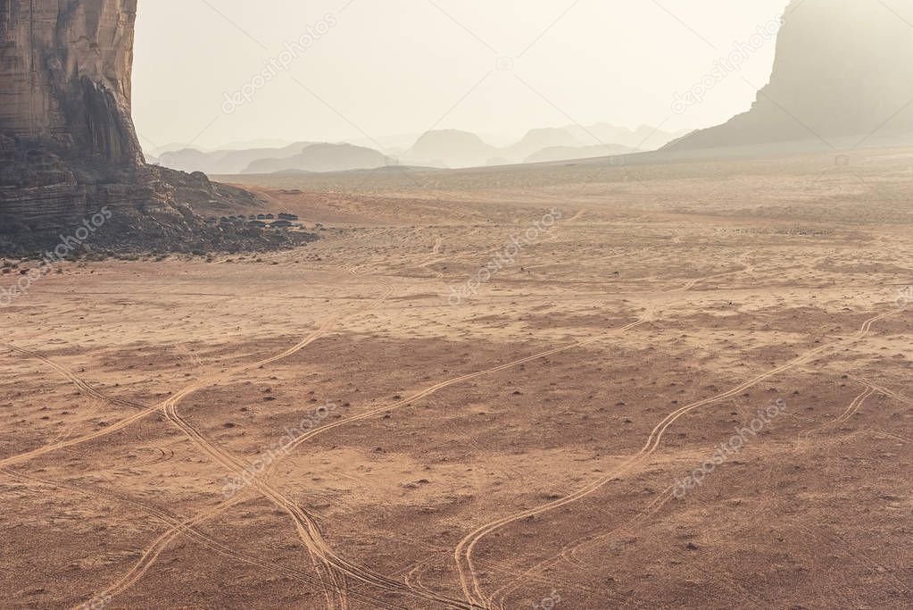 amazing view in incredible lunar landscape in Wadi Rum village in the Jordanian red sand desert. Wadi Rum also known as The Valley of the Moon,  Jordan - Image