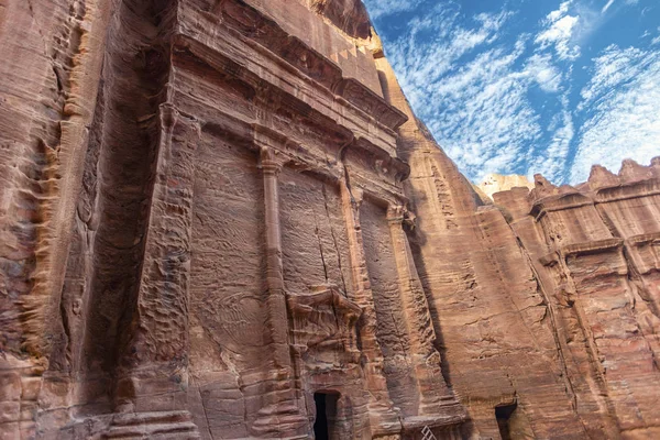 Graven Gravar Gatan Fasader Petra Nya Sju Underverk Världen Jordanien — Stockfoto