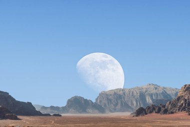  Ürdün kırmızı kum çöl Wadi Rum köyünde büyük ay ile inanılmaz ay manzara. Wadi Rum, ay Vadisi olarak da bilinir, Ürdün-görüntü