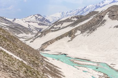 Parlak turkuaz nehir İran'ın karlı dağlarüzerinden akar, çok uzak olmayan Chelgerd i kasabasından