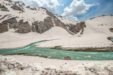Parlak turkuaz nehir İran'ın karlı dağlarüzerinden akar, çok uzak olmayan Chelgerd i kasabasından