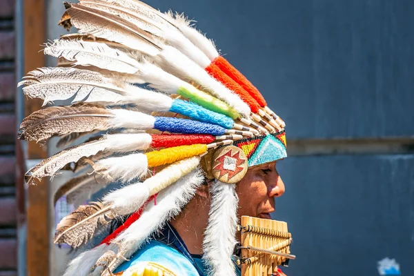 2019 Istambul Turquia Homem Pele Vermelha Vestido Tradicional Indiano Tocando — Fotografia de Stock