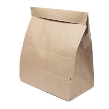 Öğle yemeği veya gıda veya beyaz izole arka plan üzerinde satın alma için Geri dönüşümlü boş kraft kağıt alışveriş çantası Mock-up