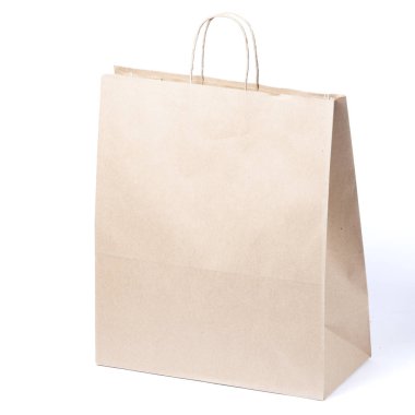 Öğle yemeği veya gıda veya beyaz izole arka plan üzerinde kolları ile alımları için Geri dönüşümlü boş kraft kağıt alışveriş çantası Mock-up