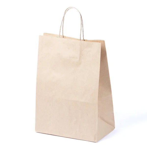 用于午餐或食品的再生空白牛皮纸购物袋的模型 或白色隔离背景上的手柄购买 — 图库照片