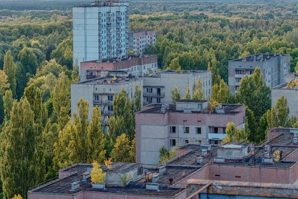 Kayıp şehir Pripyat 'ın hava manzarası. Ağaçlarla kaplı bir sürü boş beton zemin. Pripyat, Çernobil nükleer santralindeki kazadan sonra 33 yıl boyunca boşaldı.