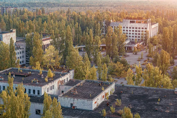 Vue Aérienne Place Centrale Pripyat Hôtel Polissya Beaucoup Sols Béton — Photo