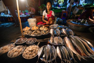 Geleneksel Burma pazarında taze balık satan Birmanyalı kadın, 01 / 22 / 2020 Myanmar (Burma) Yangon. Bölgenin dört bir yanından insanların ürün satmak ve satın almak için geldiği yerel bir pazar..