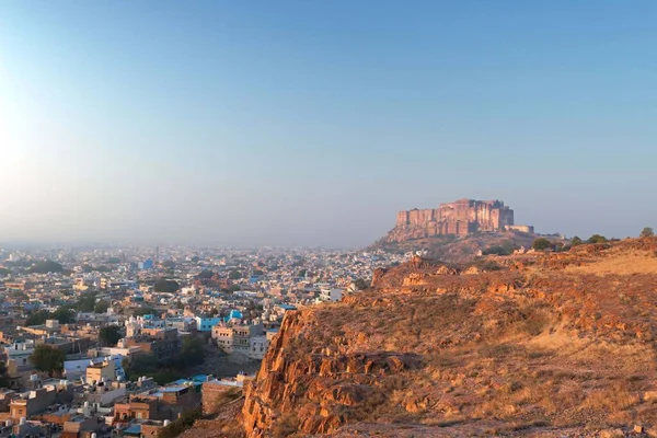 Indien Jodhpur Stadslandskap Vid Solnedgången Blue City Och Mehrangarh Fort — Stockfoto