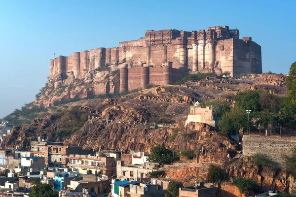 Indien Jodhpur Stadslandskap Vid Solnedgången Blue City Och Mehrangarh Fort — Stockfoto