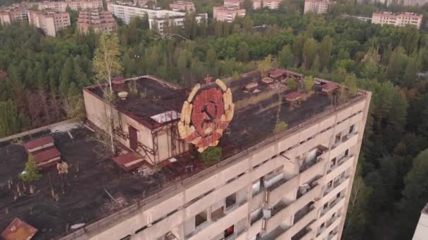 Pripyat Ucrania Vista Aérea Sobre Signo Urss Techo Del Edificio — Vídeos de Stock