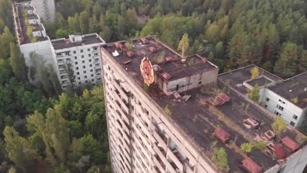 Vista Aérea Sobre Sinal Urss Telhado Cidade Pripyat Perto Central — Vídeo de Stock