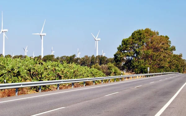 Road Foreground Wind Turbines Wind Power Generators Background — Stock Photo, Image