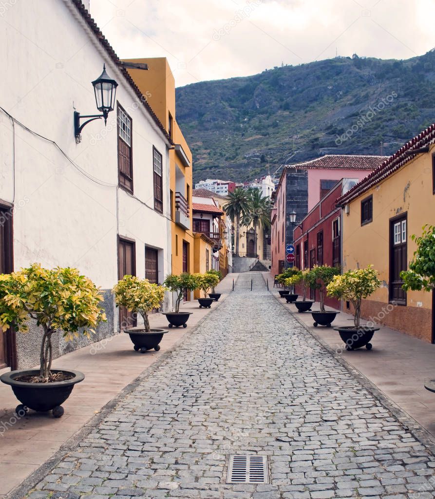 View of a paved road in the Spanish town of Garachico 