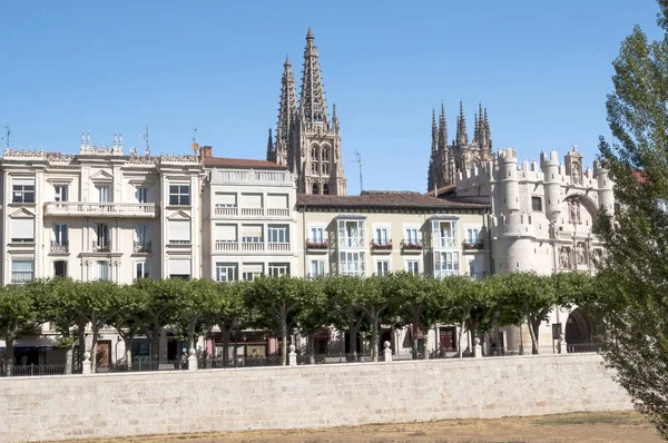 Paseo Con Árboles Ciudad Española Burgos Son Fachadas Históricas Catedral — Foto de Stock