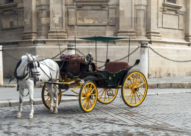 Sevilla 'da Giralda' nın önündeki at arabası.