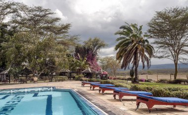 Afrika savanasında turistler için havuzlu bir kulübe.