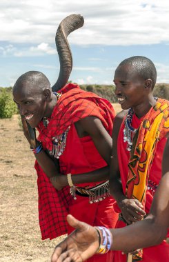 Masai Mara, Kenya - Mayıs 2014: geleneksel olarak kültürel töreni Masai Mara Milli Parkı yakın turist karşılama Masai savaşçıları 