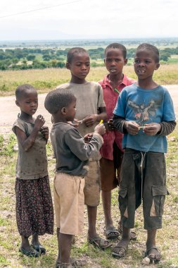 Arusha, Tanzanya - 2014 olabilir. Çocuk Afrika yüz kötü yaşam koşulları ve sağlık sorunları grubudur. Ancak, onlar are meraklı, neşeli ve oynamak için istekli.