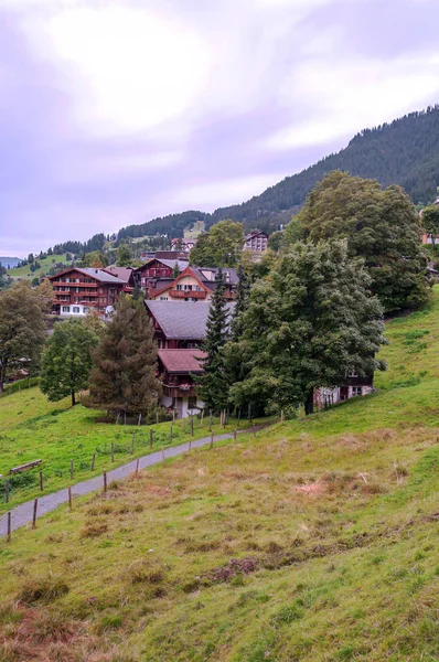 Case Legno Nelle Montagne Murren Svizzera Una Giornata Nuvolosa — Foto Stock