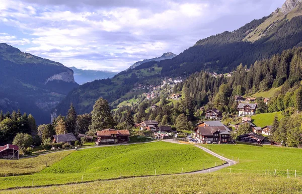 Casas Madera Las Montañas Murren Suiza Día Nublado —  Fotos de Stock