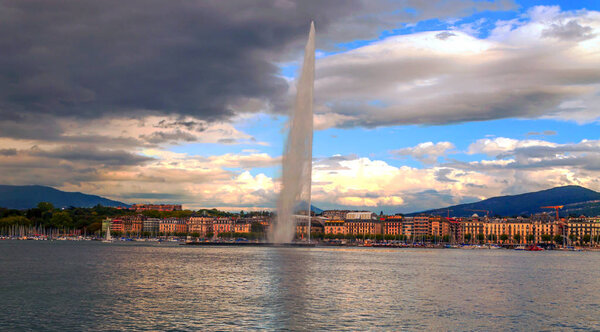 Leman lake in the Swiss city of Geneva on a cloudy day