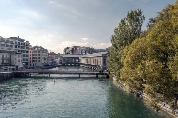 Lago Leman Ciudad Suiza Ginebra Día Nublado —  Fotos de Stock