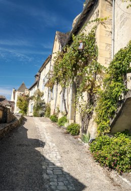 Fransa 'nın güneyinde bulutlu bir günde taştan evleri olan ortaçağ köyü Aquitaine.