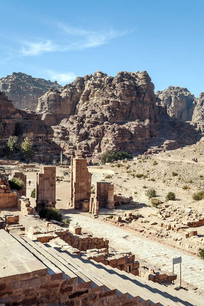 Ruins of the ancient city of Petra in Jordan. Petra is an important archaeological site in Jordan, and the capital of the ancient Nabatean kingdom, whose inhabitants called it Raqmu. Petra is not a city built with stone but, literally, excavated and 