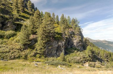 Güneşli bir günde Saint Luc Vadisi'nde İsviçre Alpleri dağlarında.